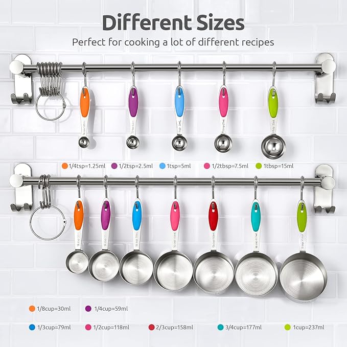 U-Taste 12 Piece Measuring Cups and Spoons Set in 18/8 Stainless Steel, and 600ºF Heat Resistant 13 inch Large Non-Stick Silicone Soup Ladle (Aqua Sky)