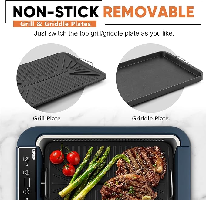 Electric Grill, CUSIMAX Smokeless Indoor Grill & Griddle, Electric Korean BBQ Grill with Turbo Smoke Extractor & REPLACEABLE Filter Sponge, Smart LED Display, Larger Grilling Area, 1500W(New Model)
