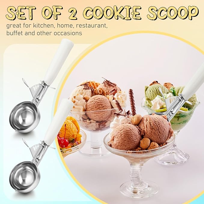 Reallnaive 2 Pcs Release Cookie Scoops Ice Cream Scooper with Trigger Release Portion Scoop Stainless Steel for Portion Control, Baking Food, Cookie Dough (2.65 oz,Ivory)