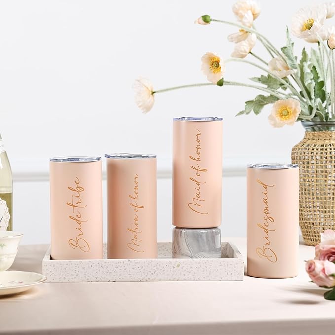 Bridesmaid Gifts Matron of Honor Cups Bridesmaid Proposal Gifts Wedding Bachelorette Party Favors Stainless Steel Insulated Skinny Tumbler with Lid and Straw 15 OZ Pink