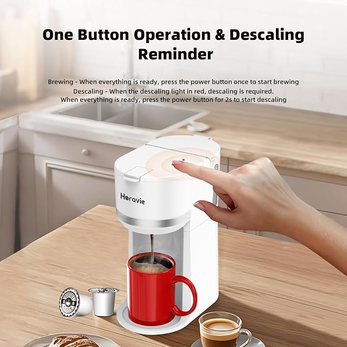 Horavie Mini Single Serve Coffee Maker for K Cup and Ground Coffee, Fast Brew One Cup Coffee Machine with Descaling Reminder and Water Window, 6 to 12 oz. Brew Sizes, White