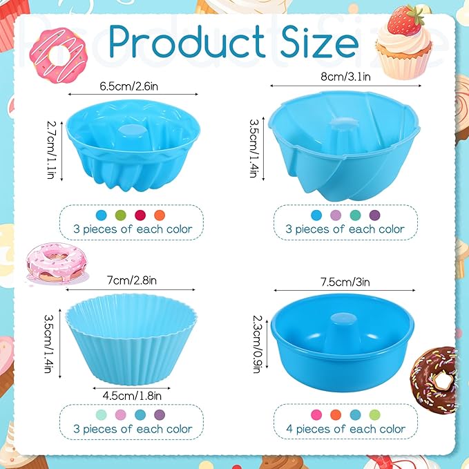 52 Pcs Single Silicone Donut Molds, 4 Styles Silicone Molds for Baking Small Reusable Non-Stick Baking Cups for Donuts, Muffins, Cupcakes, Jellies, Bagels (Multicolor)