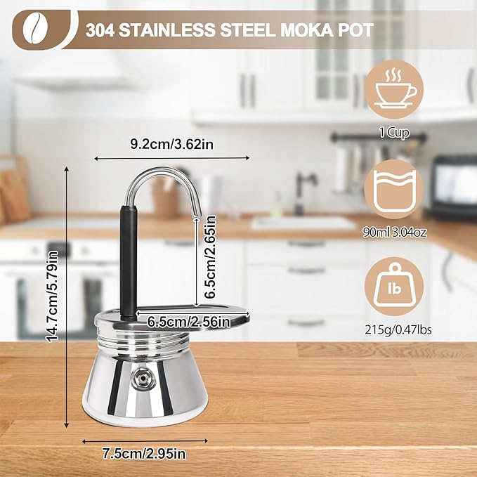 Uncoated 1 Cup Single Tube Moka Pot 304 Thickened Stainless Steel Mini Coffee Maker Stovetop Espresso Coffeemaker Italian Classic Style Brewing Greca Cafe Mocha for Camping Travel Home 90ml