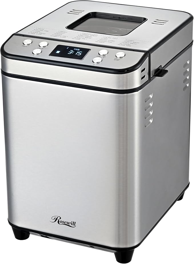 Rosewill 25-in-1 Automatic Bread Maker Machine with 3 Loaf Size up to 2 Lb, 700W High Power Dual Heater Bread Maker with BPA-free Nonstick Coating Pan, Max 15 Hours Delay Timer, Low Noise - Silver