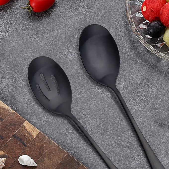 AOOSY 8.7Inch Matte Black Stainless Steel Serving Spoon Set, Serving Spoons x 3, Slotted Spoons x 3 Utility Advanced Buffet Utensils, Premium Skimmer & Perforated Design