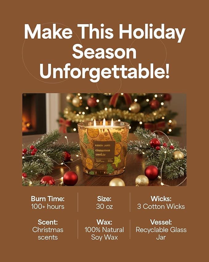 Cinnamon Cookie Scented Candle, 30oz Large 3 Wick Natural Soy Wax Holiday Candle, 100 Hours Long Lasting Clean Burn Winter Christmas Candle for Home, Luxury Home Décor & Gift for Women & Family