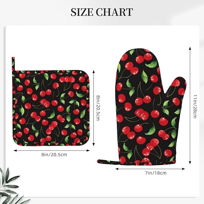 Watercolor Cherries Oven Mitts and Pot Holders Sets Silicone Cherry Fruit Pattern Kitchen Oven Mitts Hot Pads Heat Resistant Potholders Kitchen Mitts Set for Baking BBQ Cooking
