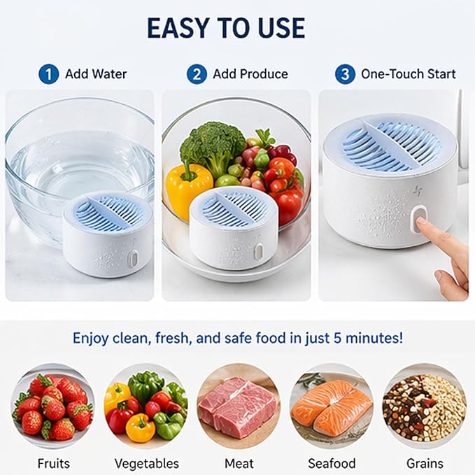 Produce Cleaner, Fruit and Vegetable Washing Machine, Oh-Ion Portable Food Device for Surface Residues, Ipx7 Waterproof