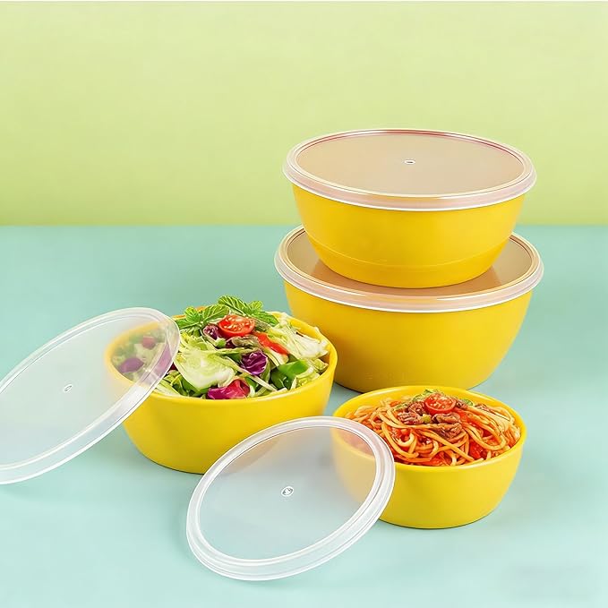 4-Piece Classic Plastic Prep Bowls with Lids, Nesting Plastic Small Mixing Bowl Set for Mixing, Baking, Prepping, Cooking and Serving Food, Microwave and Dishwasher Safe (Yellow)