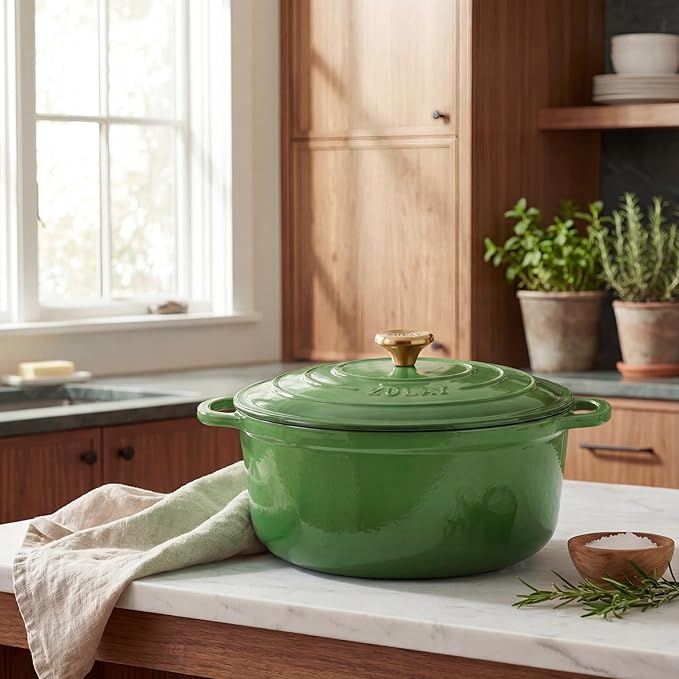 Zulay Kitchen 5 Quart Enameled Cast Iron Dutch Oven Pot with Lid – Premium Durability & Oven Safe up to 500°F – Heavy Duty Cookware Perfect for Bread Baking, Stews, Braising & Roasting – Green
