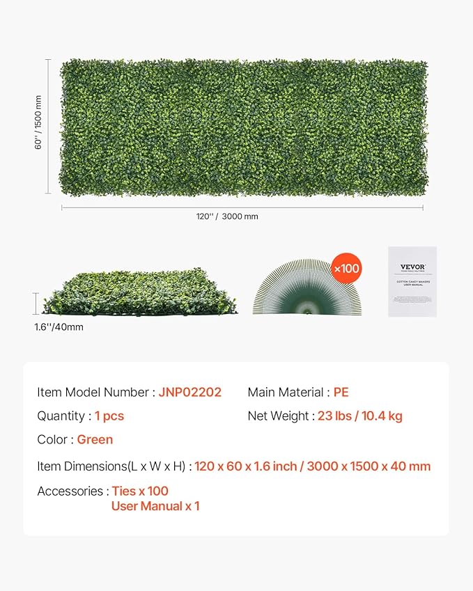 VEVOR Artificial Grass Wall Panels, 60 x 120 inch, Milan Grass Greenery Boxwood Panel for Indoor Outdoor Green Decor & Ivy Fence Covering, Privacy Backdrop Wall Hedge Screen for Garden