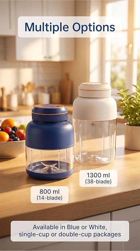 Portable Wireless Juicer Cup - 44 oz Cordless Blender with 38-Blade 18000 RPM High-Speed Motor, USB-C Rechargeable Personal Smoothie Maker for Gym, Travel, and Outdoors (Double Cup-Blue,28oz)