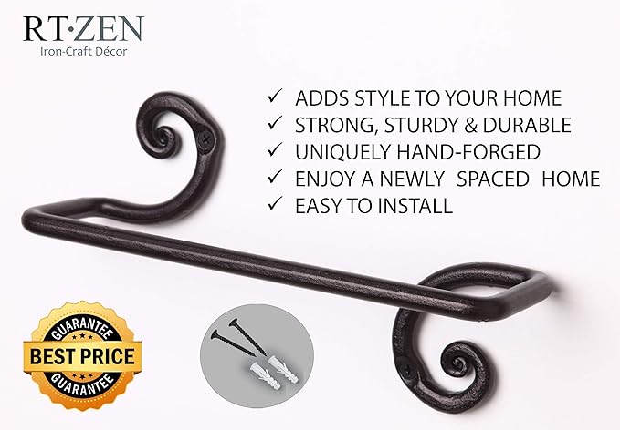 RTZEN Matte Black Hand Towel Holder for Bathroom - Handcrafted Farmhouse Wrought Iron Metal Kitchen Bar - Small Hand Towel Bar Hanger for Home or Office - Wall Mounted Rack Fits 10" Towels