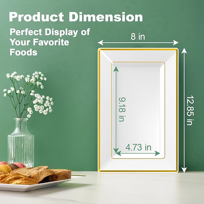 FOCUSLINE 8 PCS Plastic Serving Trays, White and Gold Rim Plastic Serving Platters, Disposable Tray for Food, Perfect for Wedding Parties