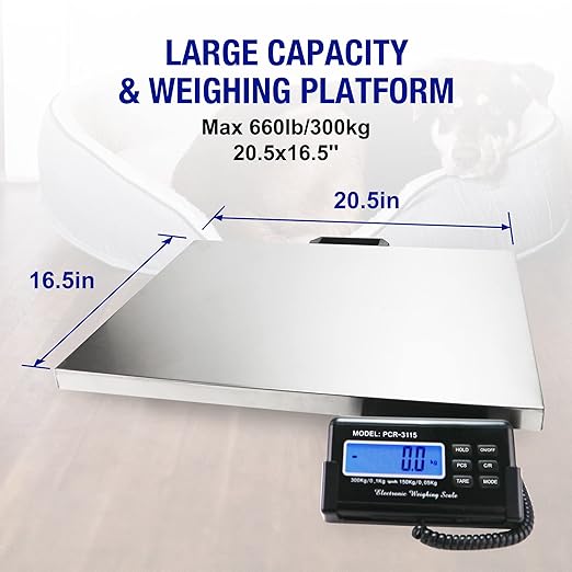 Charmline 660lbs x 0.1lbs High Accuracy Digital Postal Scale, Pet Vet Scale with 17x21in Large Stainless Steel Platform, Heavy Duty Scale for Packages/Dog/Postage/Luggage, Battery&AC Adapter Powered
