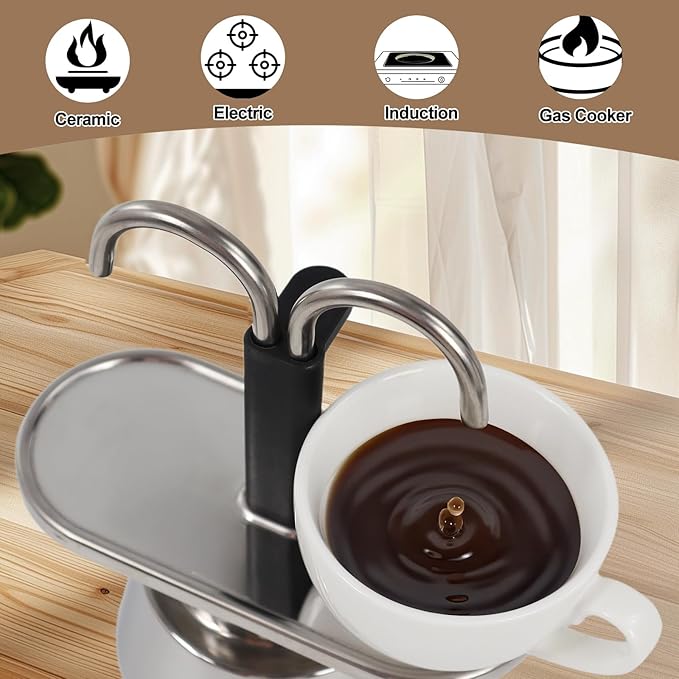 Uncoated 2 Cup Dual Pipe Moka Pot 304 Thickened Stainless Steel Mini Coffee Maker Stovetop Espresso Coffeemaker Italian Classic Style Brewing Greca Cafe Mocha for Camping Travel Home 150ml
