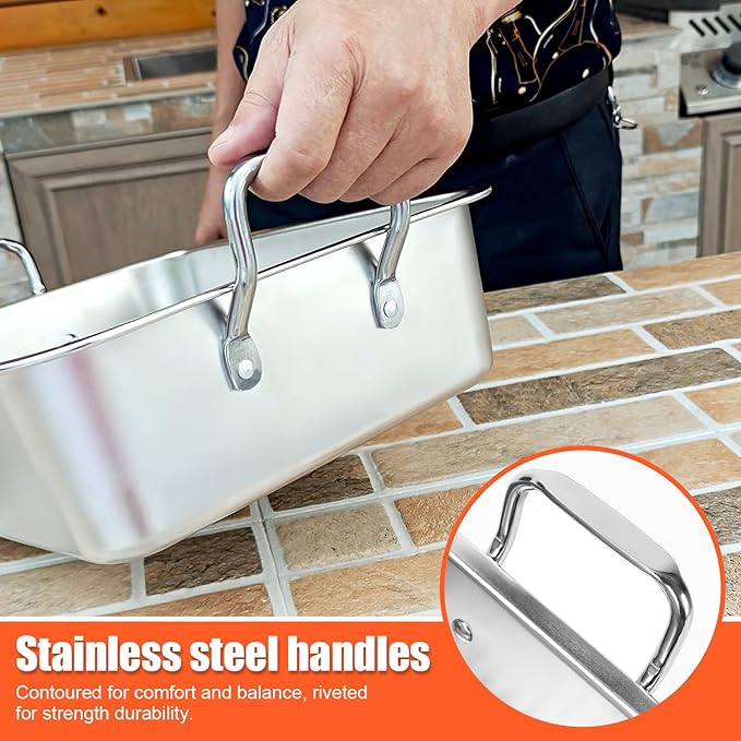 Nonstick Roasting Pan, 15 Inch Stainless Steel Turkey Pan with V-Shaped Rack &Cooling Rack - Rectangular Roaster for Turkey, Chicken, Vegetables,Healthy & Dishwasher Safe - Fits 20lb Turkey