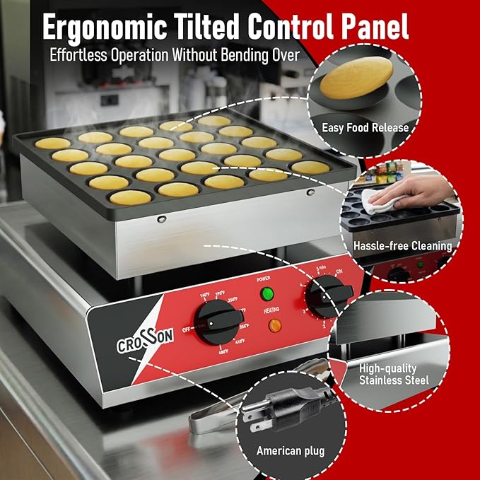 CROSSON Mini Pancake Maker, 25PCS 43mm Diameter Dutch Muffin Waffle Baker, Non-stick Stainless Steel Poffertjes Grill, Commercial Electric Dorayaki Machine W/Temp & Time Control 120V/850W