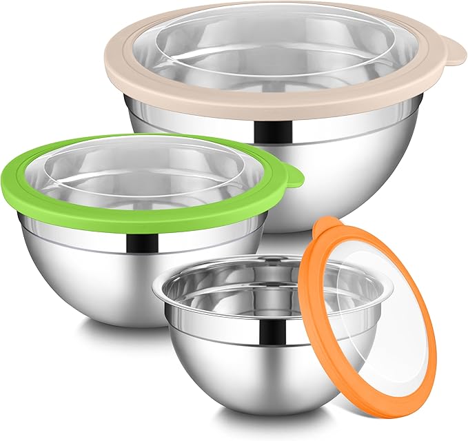 LIANYU Mixing Bowls with Lid Set of 3, Large & Small Stainless Steel Metal Salad Mixing Bowls, 1.5 & 3 & 4.6QT Sizes For Kitchen Cooking, Baking, Storage, Food Prepping, Serving, Three-Color