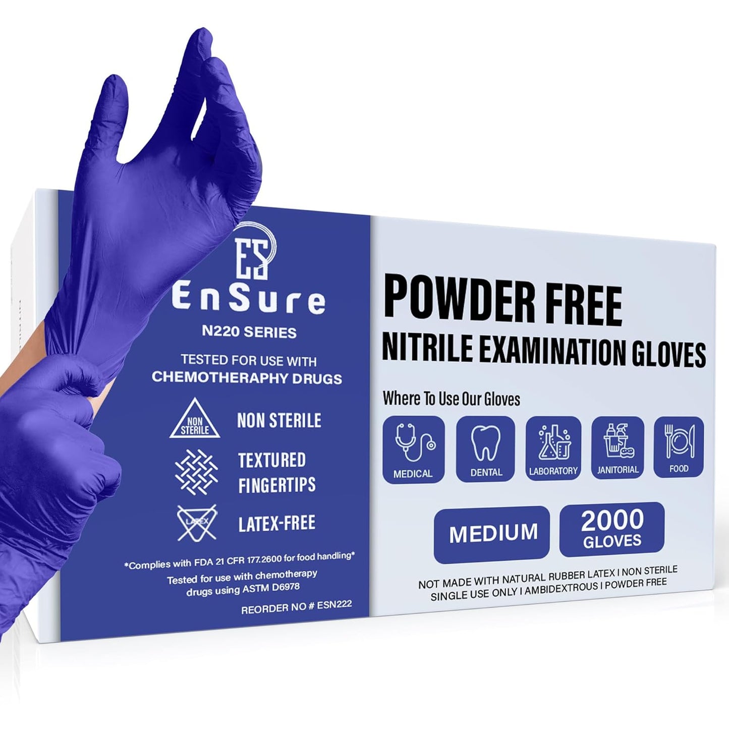 EnSure Nitrile Exam Gloves, Powder-Free, Latex-Free, Chemo Rated, Non-Sterile, Light Duty, Textured Tips, Medical, Surgical, Food Safe, Cleaning, Dental, Lab Use - 3 Mil (Medium, 2000 Count)
