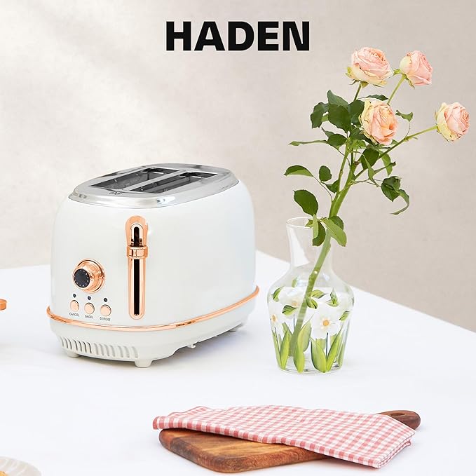 Haden Heritage 2 Slice Wide Slot Stainless Steel Toaster with Adjustable Browning Control & Non-Slip Feet, Ivory & Copper