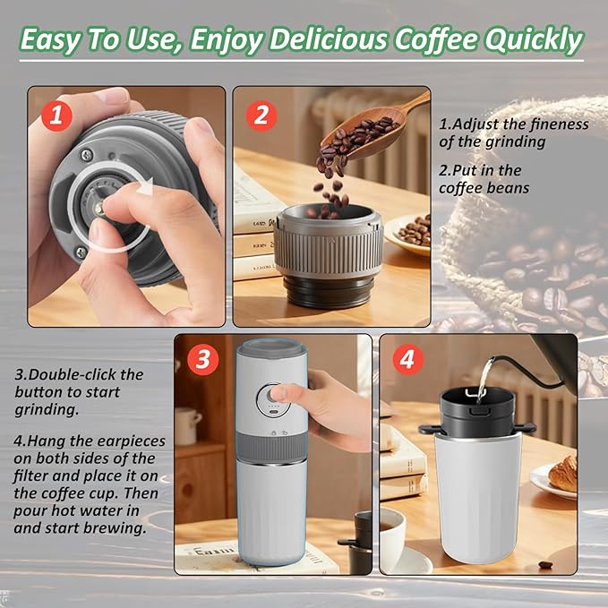 Portable Electric Coffee Grinder and Brewing Kit, Rechargeable, Conical Burr Mini Coffee Grinder with Filter, 32g Capacity & Coffee Cup for Camping, Travel, Office, Espresso, Pour Over, etc (White)