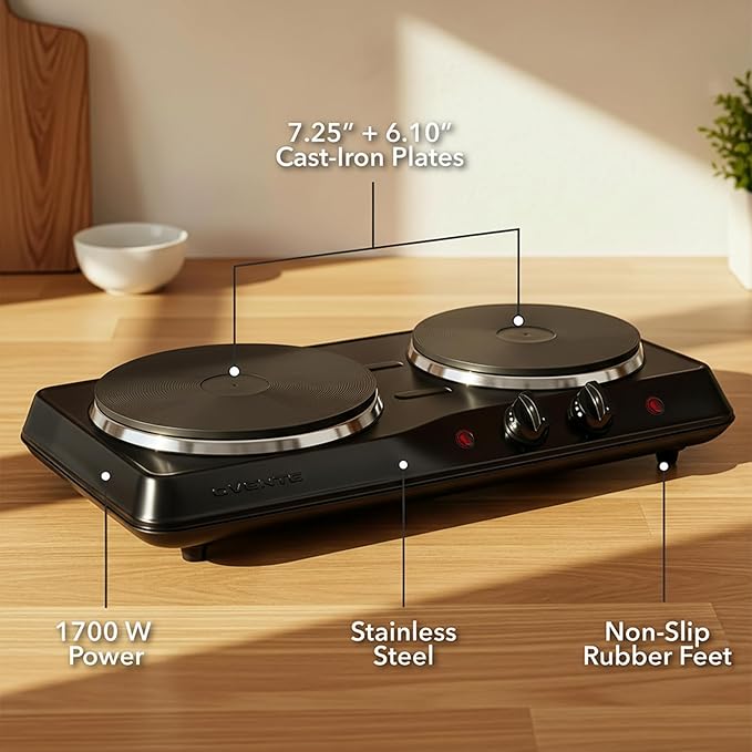 OVENTE Electric Countertop Double Burner, 1700W Cooktop with 7.25" and 6.10" Cast Iron Hot Plates, Temperature Control, Portable Cooking Stove and Easy to Clean Stainless Steel Base, Black BGS102B