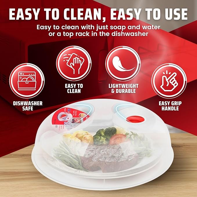 Flexzion 10 Inch Small Microwave Splatter Cover - BPA-Free Anti-Splatter Microwave Cover with Adjustable Steam Vent, Dishwasher Safe, Transparent Plastic Food Covers for Microwave Cooking
