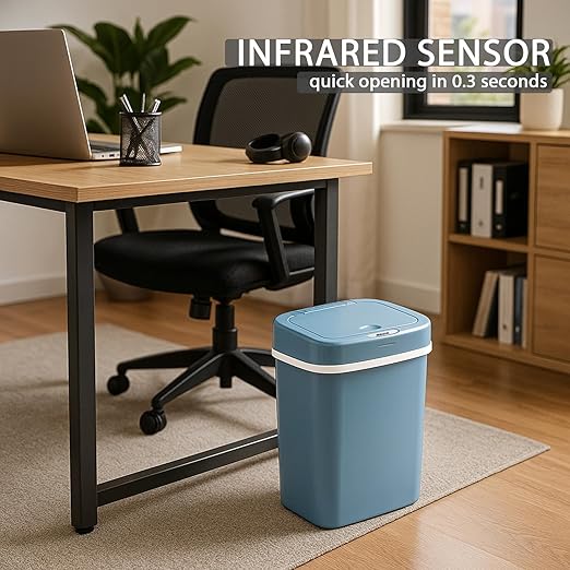 Touchless Motion Sensor Trash Can with Sealing Lid Automatic Soft Close Silent Bathroom Kitchen Office Waste Bin Narrow Rectangular ABS Hands Free Smart Home Garbage Container (Blue)
