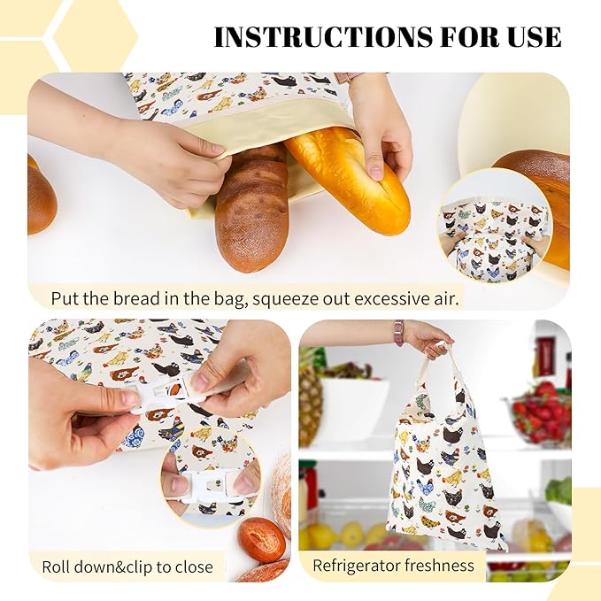 2 Pack Beeswax Bread Bags - 17x13 Inch Reusable Bread Storage Bags,Bees Wax Lined Bread Bags for Home Cooks fresh bread storage Easy Clean (Hen)