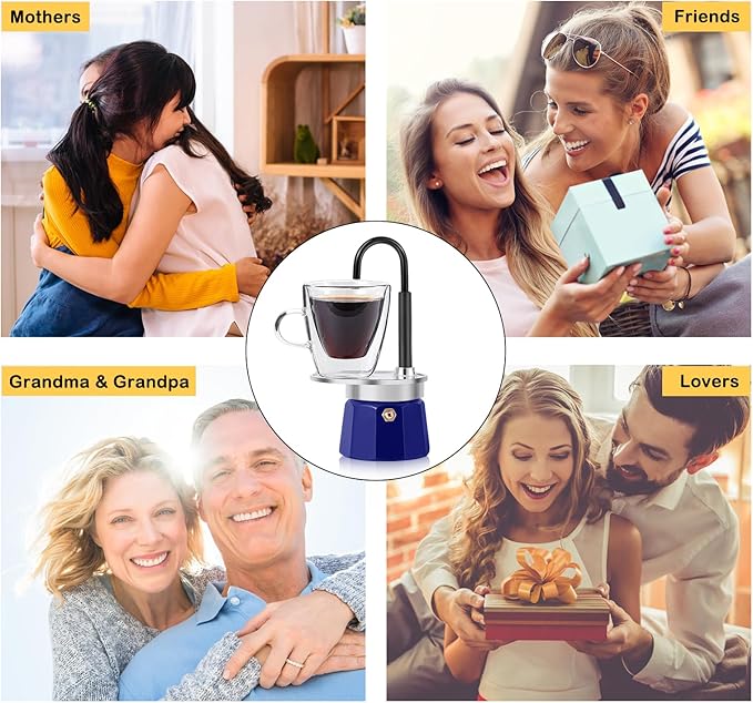 MVPLUE-Mini Express Swiss Single Tube Moka Pot Aluminum Blue，Moka Set includes One Double Wall 3oz Cup,Enjoy delicious coffee in no time