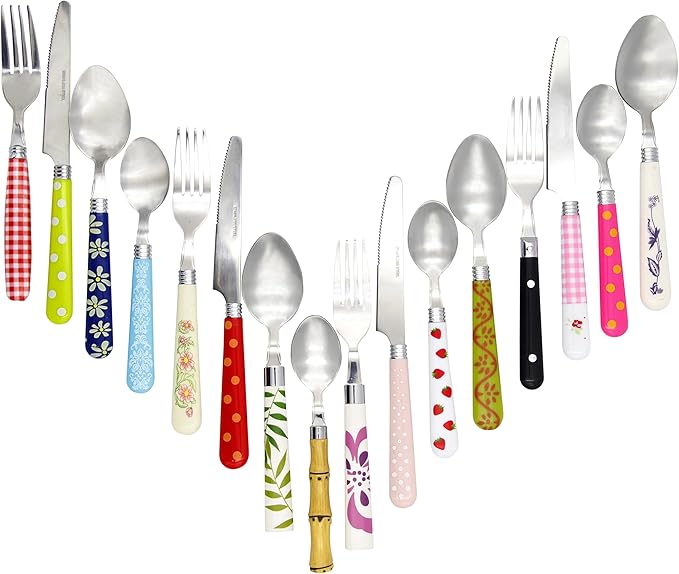 The Original Brink House Eclectic Collection Mix & Match Stainless Steel Cutlery Set with Multicolored Handles / 16 pieces with Metal Stand/Lifestyle utensils for home, apartment, dorm, outdoor