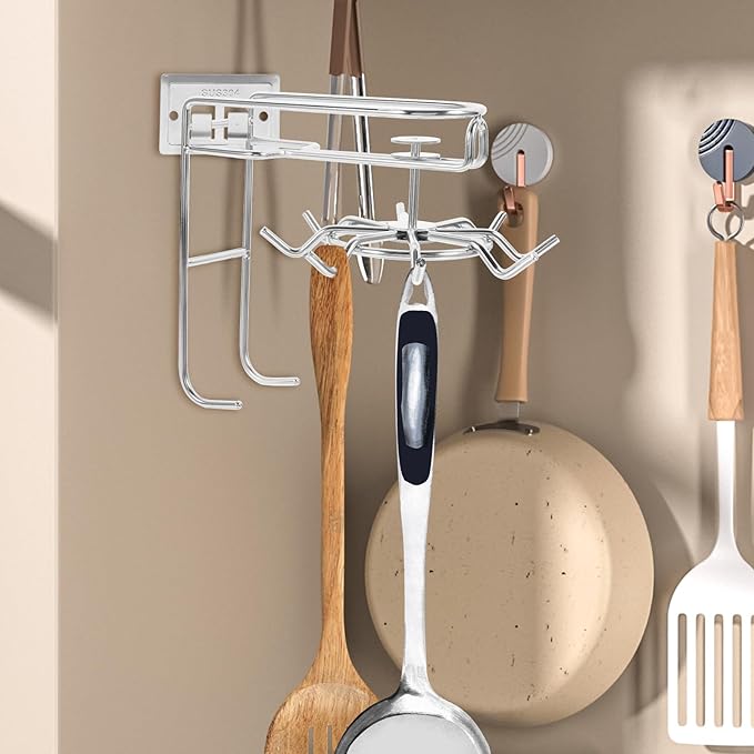 Homoyoyo Stainless Steel 8-Claw Rotatable Kitchen Utensil Hooks Nail-Free Wall-Mounted Utensil Hanger for Cabinet Storage and Hanging Kitchen Supplies Random Style