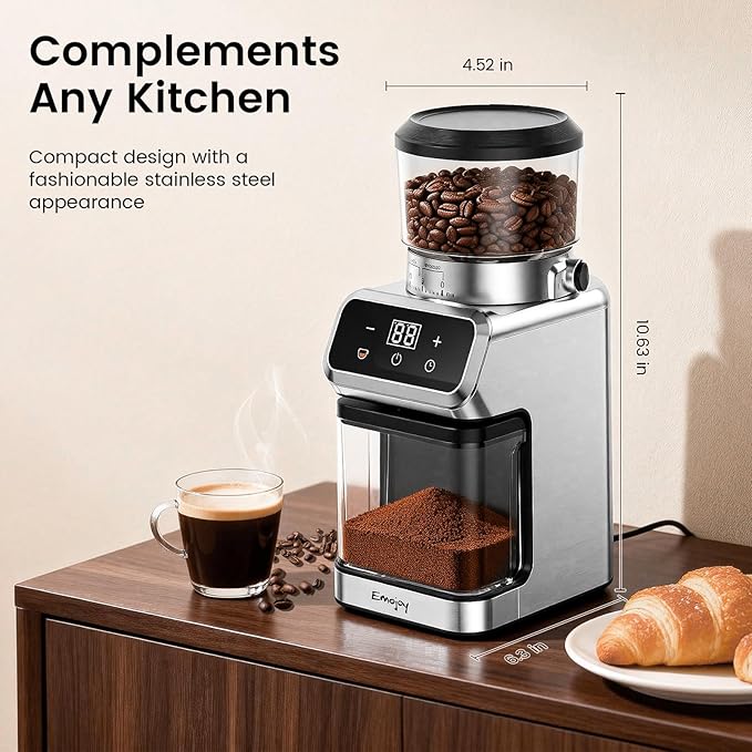 Burr Coffee Grinder Electric, 30 Grinding Settings Emojoy Coffee Bean Grinder, Burr Coffee Grinder for Home Use, Touchscreen and LED Control Panel, Stainless Steel, Conical Burr Grinder