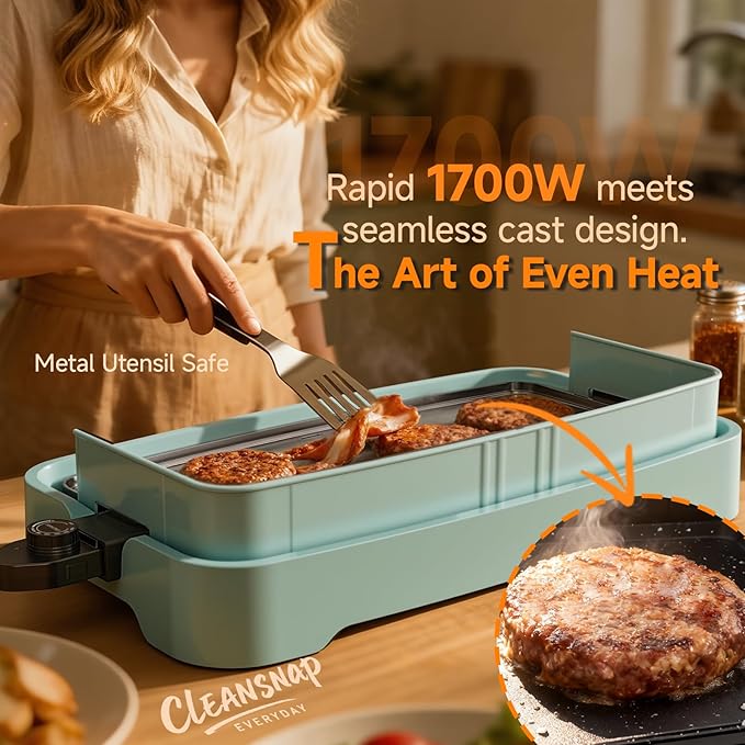 Cleansnap Everyday Electric Griddle,The Ultimate Gift for Family Feasts - 20” Nonstick Grill with Foldable Anti-Mess Shield, Rapid 1700W Heat & PPG Ceramic Coating, Dishwasher Safe, Saga Blue