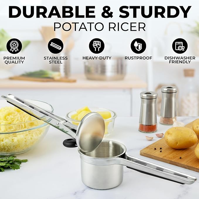 Zulay Kitchen Premium Large 15oz Potato Ricer With 3 Interchangeable Discs, Heavy Duty Professional Stainless Steel Potato Masher and Ricer Kitchen Tool, Press and Mash Kitchen Gadget