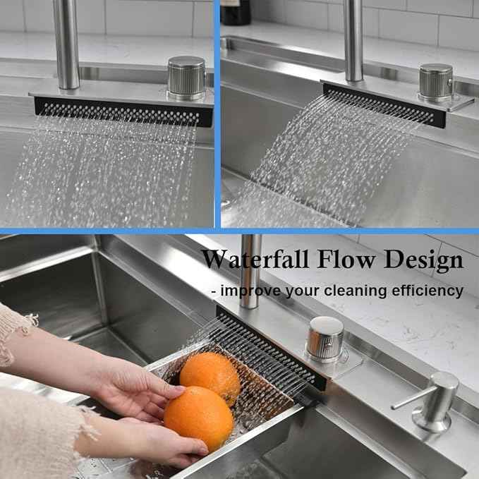 33 Inch Farmhouse Sink Splash Guard Waterfall Workstation - VOKIM 33x22 Inch Apron Front sink Single Bowl Stainless Steel 16 Gauge Farm Sink With Multifunctional Top Loading Flying Rain