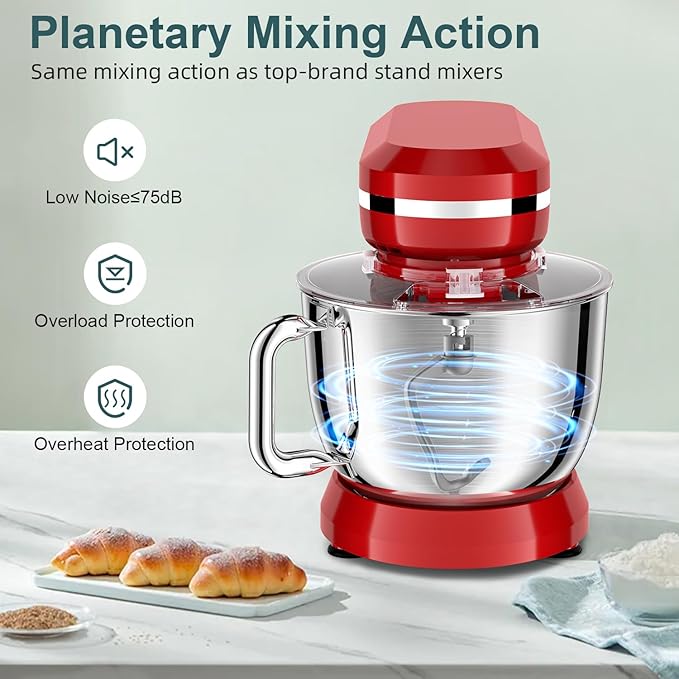 HOWORK Electric Stand Mixer,10+p Speeds With 6.5QT Stainless Steel Bowl,Dough Hook, Wire Whip & Beater,for Most Home Cooks (Red)