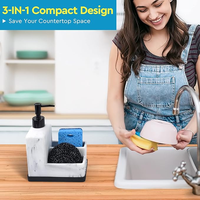 Dish Soap Dispenser with Sponge Holder,White Marble Look Liquid Hand and Dish Soap Dispenser and Spong Caddy with Brush Holder 3 in 1 Countertop Organizer for Kitchen Sink and Bathroom,White