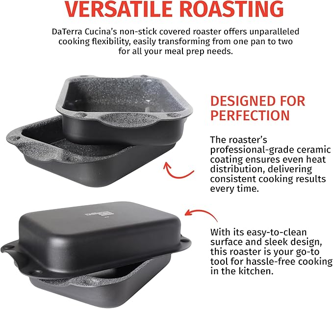 DaTerra Cucina - Nonstick Ceramic Coated Dual Roasting Pan Set – 2 Identical Pans, Oven Safe, Ideal for Roasting, Baking, Searing, Braising, Casseroles, Fits Most Toaster Ovens - 13 x 8 x 4.25