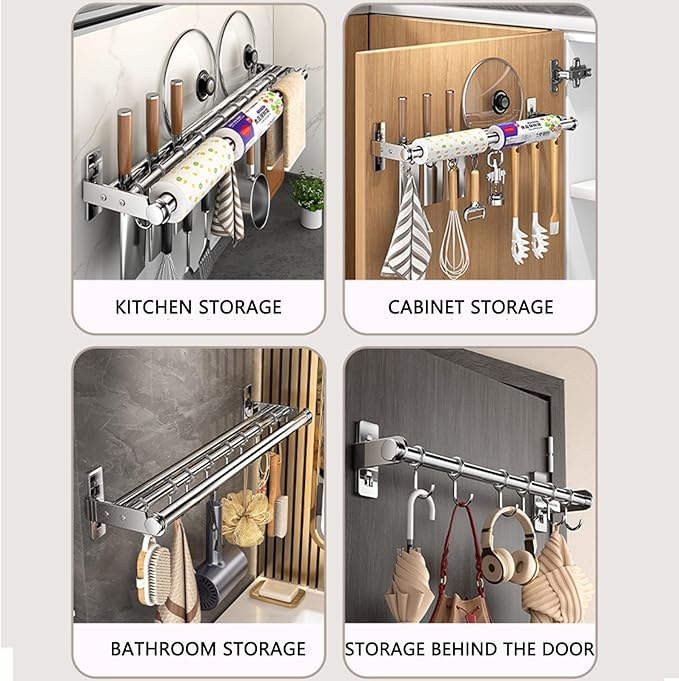 Hanging Wall Mount knife Wall Mount, Kitchen Organizer Storage Shelf for Utensils Spatula Spoon, Space-Saving Knife Rack with Hooks,Wall-Mounted Utensil Holder (Silver, 60CM+Three Poles+10Hooks)