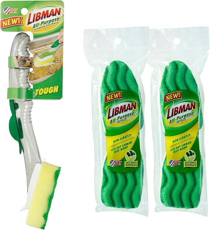 Libman All-Purpose Scrubbing Dish Wand - Fillable, with 4 Multi-Purpose Sponge Head Refills