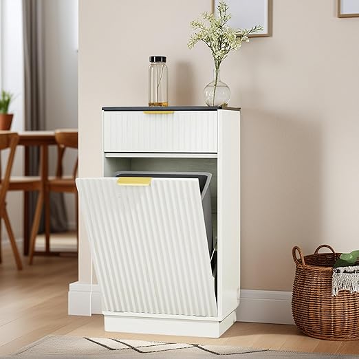10 Gallon Tilt Out Trash Can Cabinet –Wooden Hidden Trash Can Cabinet,Pet Proof Garbage Recycling Cabinet with Storage for Kitchen Bathroom Living Room White