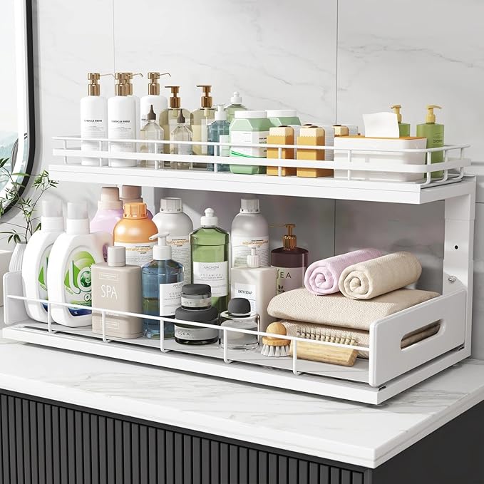 Under Sink Organizer Upgrade To Professional Rails,2-Tier Dual Pull Out Cabinet Storage,Height Adjustable Slide Out Drawers For Bathroom Kitchen,1 Pack-21"Dx12.8"-16.9"H,White