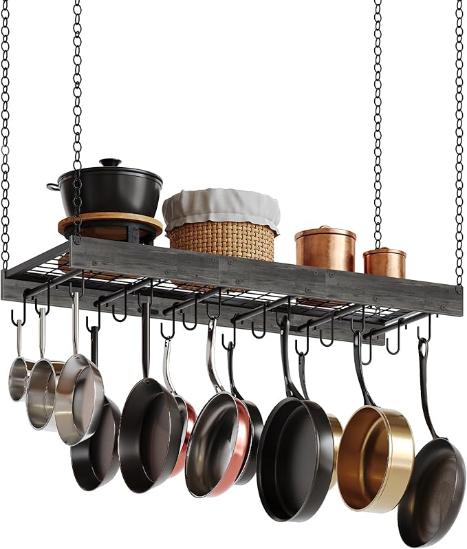 CHOEZON Hanging Pot Rack, 35.4" L x 13" W Ceiling Pot Hanger, Industrial Style Pot Rack, Wall Mounted Pot Hanger for Kitchen, Pot and Pan Hanging Rack, with Hooks, Charcoal Black and Black TPR12BCC1
