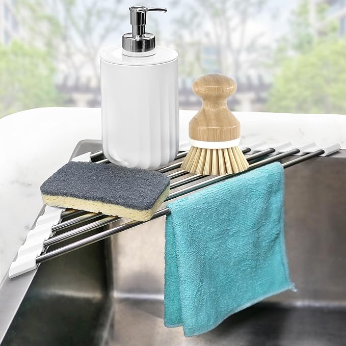 Sink Caddy Sponge Holder for Kitchen Sink, Small Dish Drainer for Kitchen Counter, Triangle Sink Brush Drainer Rack, Collapsible Dishes Drying Rack Over Sinks, Dishrack Utensil Holder Dryer White
