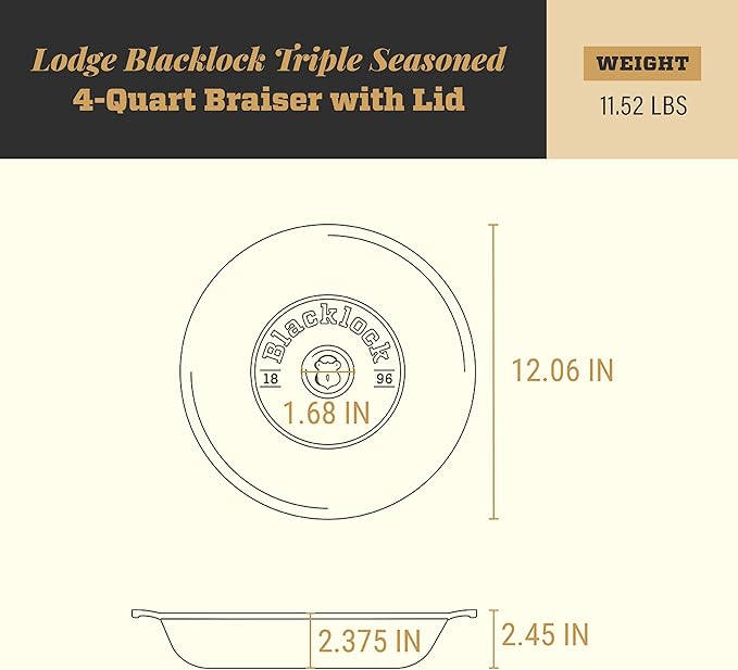Lodge Blacklock 17 Triple Seasoned Cast Iron Braiser with Lid - Dutch Oven with Nonstick Finish - Lightweight Cast Iron Braiser - Dutch Oven Cookware - Cooking Pot with High-Heat Aluminum Knob
