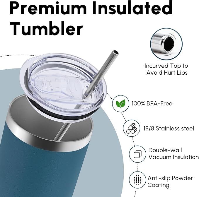 Volhoply 12 Pack Skinny Tumblers with Lid and Straw, 20oz Stainless Steel Straight Tumbler Bulk, Vacuum Insulated Coffee Mug for Home, Office, Travel, DIY (Dark Green,12 Pack)