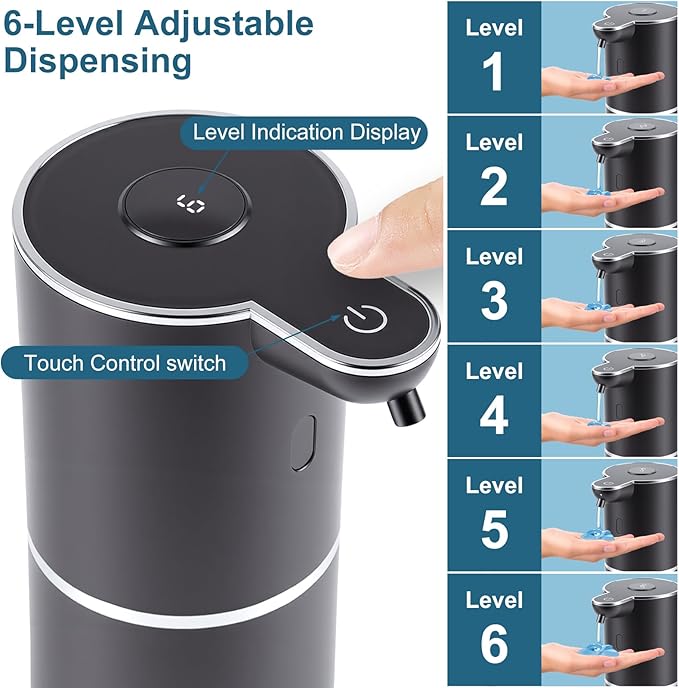 Automatic Soap Dispenser, Hand Soap Dispenser 12.8oz/380ml Smart Rechargeable, Black Soap Dispensers with 6-Level Touchless, Wall Mounted or Countertop Dish Soap Dispensing for Bathroom & Kitchen