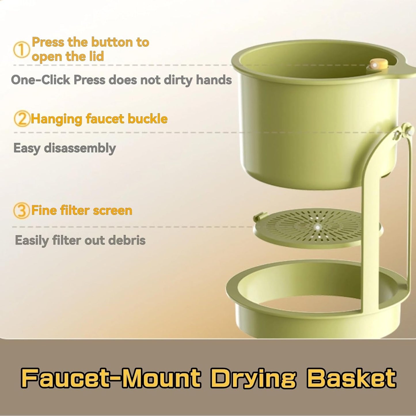 Over-Sink Drying Rack - Faucet Mount Drainer Basket, Rust-Proof Sink Trash Catcher for Kitchen Organization (Yellow)